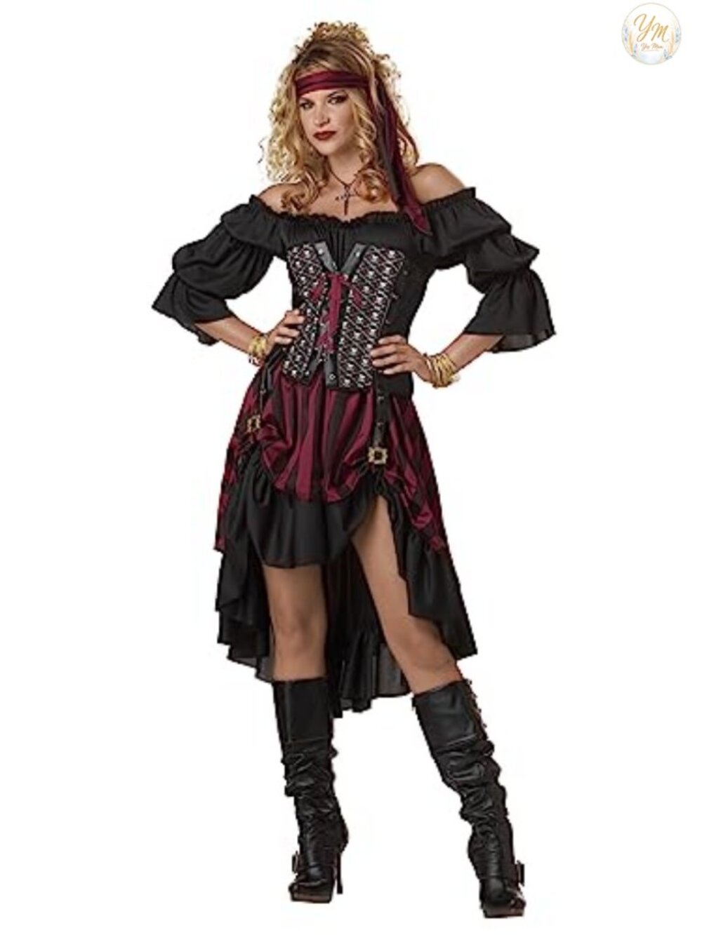 Pirate Wench Costume Off-the-Shoulder Dress Cinched Sleeves Ruffled Skirt